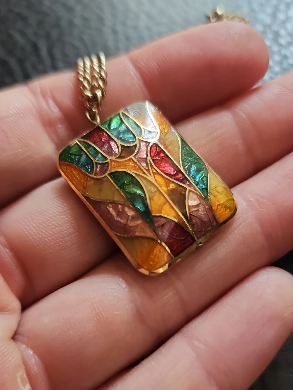 Multicolor Enamel Mosaic Pendant Necklace in Gold Tone